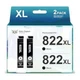 Kolor Expert 2 Pack Replacement for Epson 822XL Black Ink WorkForce Pro WF-3820